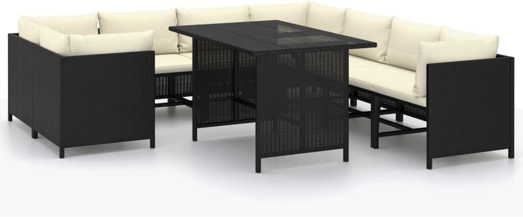 vidaXL Patio Lounge Set 9 Piece, Sectional Sofa for Outdoor, Patio Furniture with Cushions, Coffee Table, Farmhouse Modern Style, Poly Rattan Black