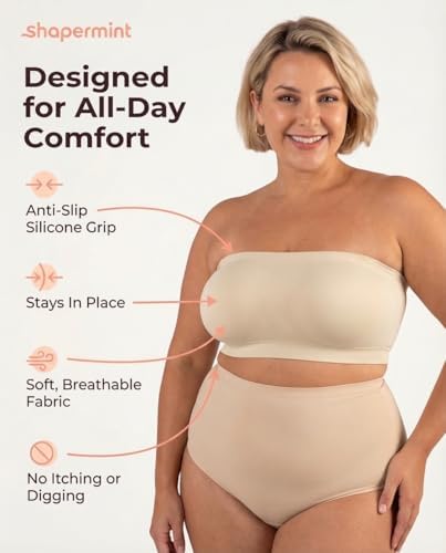 SHAPERMINT Strapless Bra, No-Slip Wireless Bandeau with Sewn-in Cups Beige — view 7