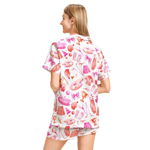 Image of Funny Pajamas for Women Set Print Satin Loungewear Pjs Short Sleeve Button Down Top and Shorts Sets Sleepwear XS-3XL
