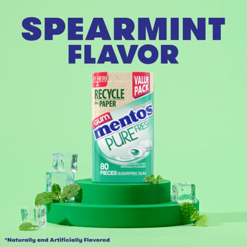 Image of Mentos Sugar Free Gum with Xylitol, Spearmint, 80 Piece Bottle (4 Pack) | Chewing Gum, Perfect for Long Lasting Fresh Breath at School, Work & Travel