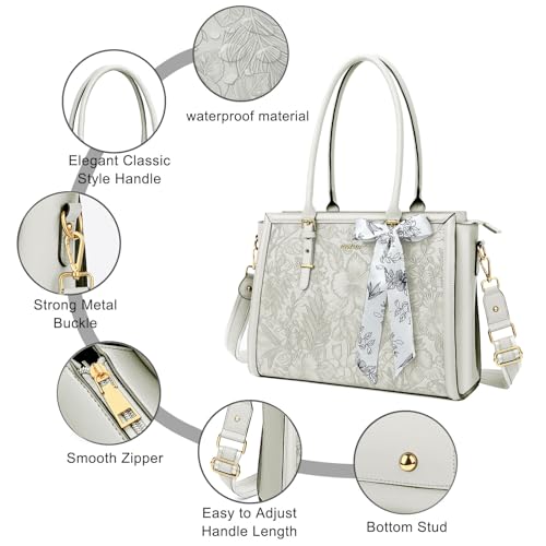 Image of MOSISO Laptop Bag for Women, PU Leather Tote Bag, Front Embossed Retro Hibiscus Computer Bags with Silk Scarf&Clutch Purse