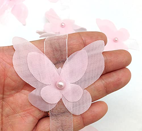 Pepperlonely 10Pc Pink Butterfly Organza Lace Pearl Chiffon Flower Embroidered Lace Edge Trim Ribbon, 4.3 X 5.3Cm #TOP27