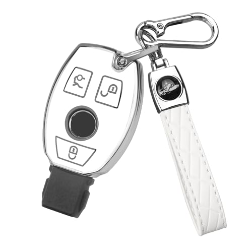 Image of QBUC for Mercedes Benz Key Fob Cover with Keychain (White) | for Mercedes Benz Key Case compatible with Benz CLS CLK AMG CLK GLC GLE GLS ML SL SLK A C E R S G