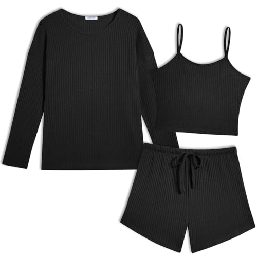 Ekouaer 3 Piece Waffle Knit Lounge Set for Women, Long Sleeve and Cami Top with Shorts Pajama Sets Black