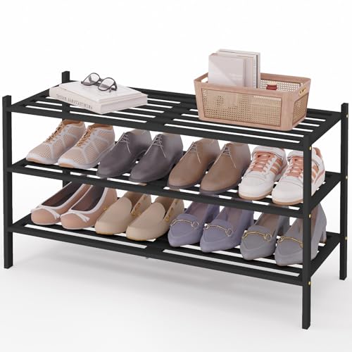 Image of Smiry Bamboo Shoe Rack, 5 Horizontal Slats, 3 Tier - 33.9 inch Wide, Black