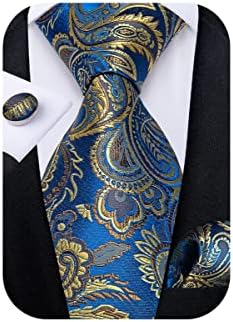 DiBanGu Mens Tie Set Paisley Floral Necktie Hanky Cufflinks Silk Tie Set Party Wedding