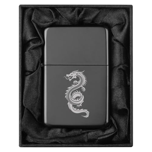 Encendedor en caja regalo forrada en seda negra dragón tribal