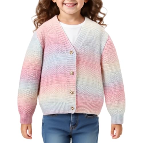 Kids Sweater Long Sleeved Knitted Top Rainbow Colored Knitted Buttoned Uniforms Cardigan Jacket Crew Neck Sweater Outerwear