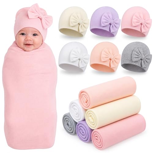 Image of Ramede 6 Set Baby Swaddle Blanket and Hat, 100% Cotton Newborn Receiving Blanket Wrap with Headband, 31.5 inch Soft, Breathable for Girl Boy Nursery Sleep Cradle Sheet Breastfeed Cover(Simple,Pink)
