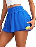 CRZ YOGA 2 in 1 Flowy Running Shorts for Women High Waisted Quick Dry for Athletic Gym Lounge Workout Cute Tennis Skirts Sparkle Blue Medium