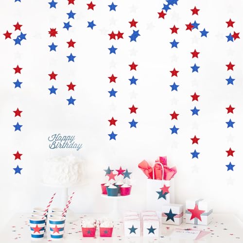 Image of Fourth-4th of July Memorial-Day Party-Decorations - 62ft Patriotic Red-Blue White Twinkle Little Star Hanging Streamers-Garland Banner,Independence Graduation Baby Shower Birthday Decor Hugtmr