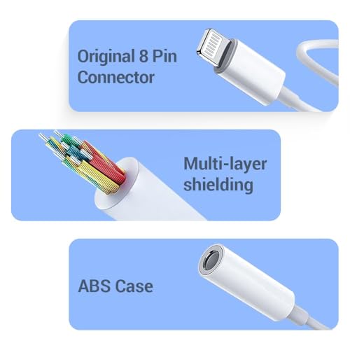 Image of 3.5mm Audio Earphones Jack Adapter | AUX Cable, Port Converter for iPhone 14, 13, 12, 11, X, XS, 8, 7, 6S, SE, iPod, iPad | Headphone & Car Stereo Connector | Whit