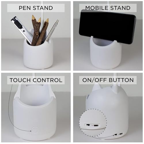 Image of Table Lamp for Study Room with 3 Colour Modes & Adjustable Brightness Levels, Study Lamp with Gooseneck, Pen & Mobile Holder, Rechargeable Lamp Light for Study (White)