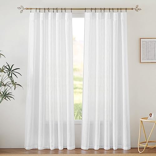 RYB HOME White Curtains & Drapes - Linen Textured Semi Sheer Curtains