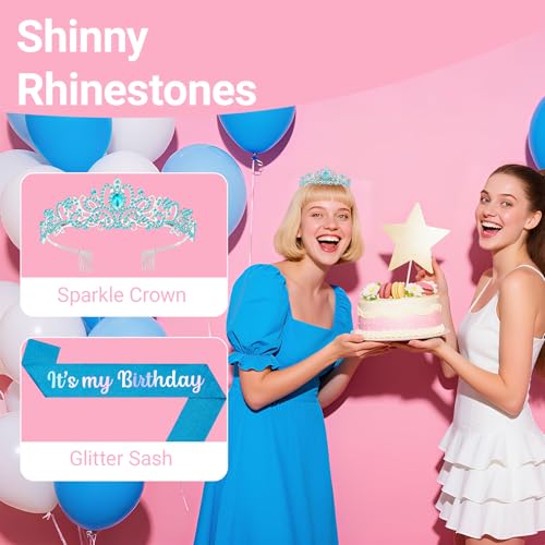 Birthday Tiara and Crown with Sash, Birthday Tiara for Women Party (Blue)