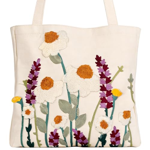 Embroidery Canvas Tote Bag for Women, 3D Cute Natural & Floral, Lady Aesthetic Stylish, Reusable Canvas Shoulder Bag with Magnetic Buckle, for Women Gift, Work, Travel, Vacation, Grocery, Shopping Bag