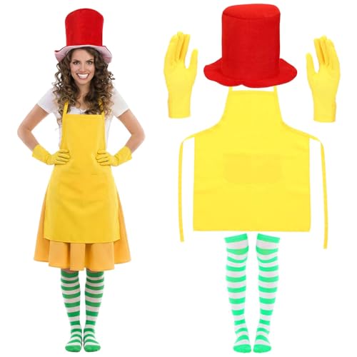 Maiteenly 4 Pcs Funny Storybook Character Costume Set for Adults Funny Red Top Hat Green Costume for World Book Day Read Week Outfit Cosplay Party Gift Reading Activities