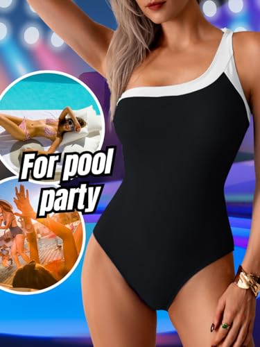 One Shoulder Color-Block Swimsuit, Modest Full-Coverage, Vacation Pool Party4