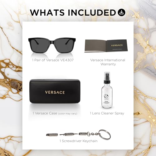 Versace VE4307 58mm Non-Polarized Square Sunglasses for Men – Black Acetate Frame with Black & Gold Temples, 100% UV Protection, Lightweight & Comfortable Sunglasses, eShades Eyewear Kit Included3