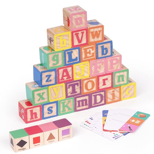 Wooden ABC Building Blocks for Toddlers 30 PCS Montessori Alphabet & Number Learning Toy with Matching Cards Preschool Educational Toy for Stacking Counting Sensory Play Gifts for Kids Boys Girls