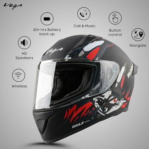 Image of Vega Bolt Bunny Premium Smart Bluetooth Full-Face Helmet - Advanced Safety, Shockproof, Aerodynamic, Comfortable Dull Black RED XL