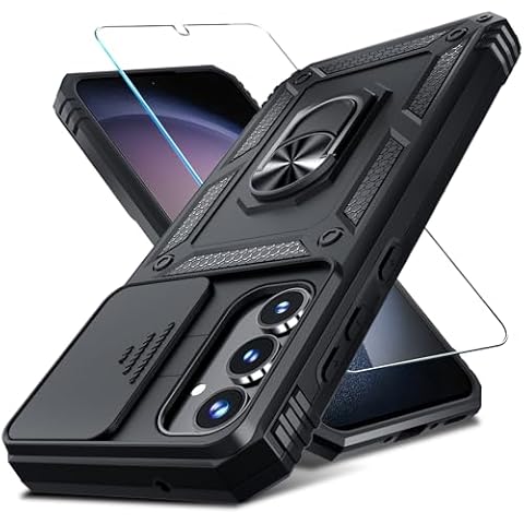 Janmitta Compatible with Samsung Galaxy A35 5G Case Built in Slide Camera Lens Cover+Screen Protector+Finger Ring Holder Kickstand,Heavy Duty Shockproof Full Body Phone Cover,2024 Black Cover