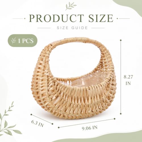 Image of Taiyin 1 Pack Flower Girl Basket with Handle, 8.27 x 9.06 x 6.3 Inch | Rattan Basket Half Moon Straw Wicker, Ideal for Wedding Flower, Petals, Confetti, Candy & Gifts, Picnic, Garden Storage Decor