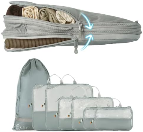 TRAVEL DUDE Packwürfel Set mit Kompression aus recycelten Plastikflaschen, Leichte Packing Cubes, Packtaschen Set für Rucksack und als Koffer Organizer, Zubehör (Stahlblau, 7-teili