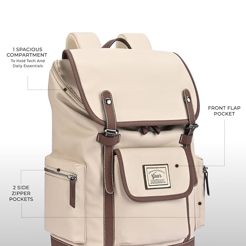 Image of Gear Classic 16.5 inch /21L Medium Water Resistant Faux Leather Anti Theft Knapsack | Laptop Bag | Casual Bag | Travel Bag for Men /Women (Cream - Brown)