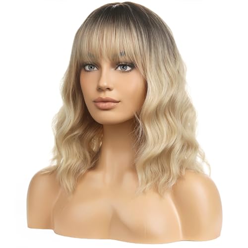 Image of BERON Blonde Ombre Short Wigs Curly Shoulder Length Wig with Bangs Ombre Color Wavy Hair Wigs 35 cm /14 Inch Women's Synthetic Wigs Daily Party Use