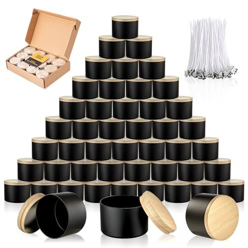 MGLIFEUL Candle Tins Jars Container Vessels for Making 4 8 Oz Black Empty Candle Tins Can Gift Box Packaging Plate with Lids Wax Container Bulk Making DIY Candle Supplies Accessories(Black,4oz,48pcs)