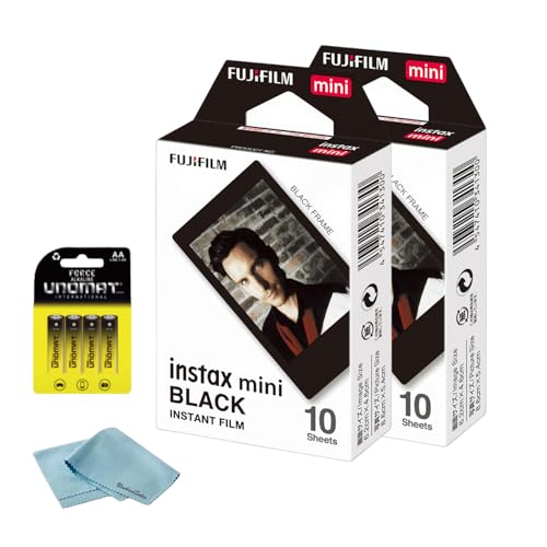FUJIFILM Instax Mini Black Instant Film (20 Shots) + 4 AA Batteries + BluebirdSales Microfiber Cleaning Cloth Creative Photography Bundle (20 Sheets Black Frame)