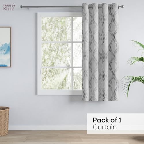 Image of haus & kinder Jacquard Window Curtain 5 Feet Long Pack of 1 Window Curtain, 5 Feet Curtain for Window (Silver Groove Embossed, Grey Floral Nature Design 130x152 CM)