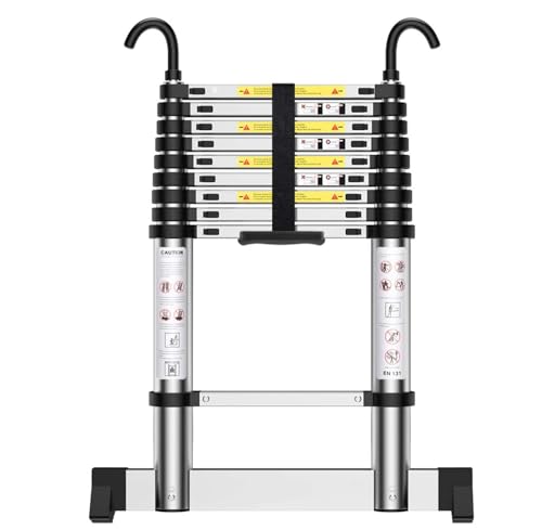 Nestling Telescopic Ladder 2.9m, Ladder Extendable with Hooks, Aluminium, Height Adjustable, Convenient to Carry and Use, for Family Daily, Attic, Shops, Camping, etc