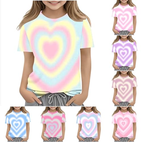 Girls Rainbow Heart Print Short Sleeve T Shirts Basic Kids Summer Tops Loose Crewneck Cute Tees for Boys 3-14 Years2