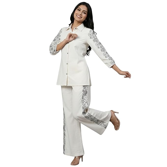 kedy Women’s Floral Printed Cotton Co-Ord Set with Button Down Shirt and Full Sleeves, Relaxed Fit Wide Leg Pants, Lightweight Breathable Casual Loungewear Summer Outfit for Women-picture-57