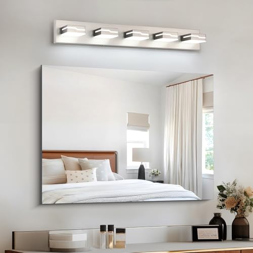 Image of LED Modern Bathroom Vanity Light Fixtures 5-Light, 32 inch Dimmable Nickel Vanity Lights for Bathroom Lighting Fixtures Over Mirror, with 350Rotatable Acrylic Heads(White Light 5500K)