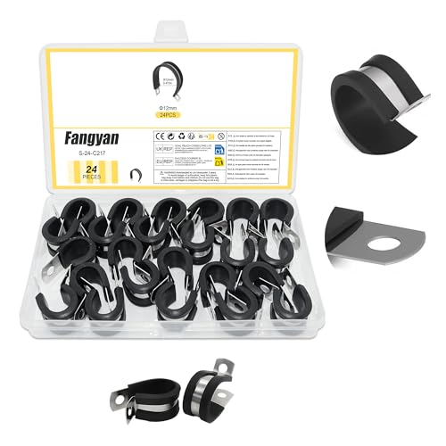 Image of Fangyan 24 Pack 12mm 304 Stainless Steel Rubber Lined P Clips, Anti-Vibration Pipe Clamps for Hose, Cable, Tube, Automotive, Marine & Home DIY Use