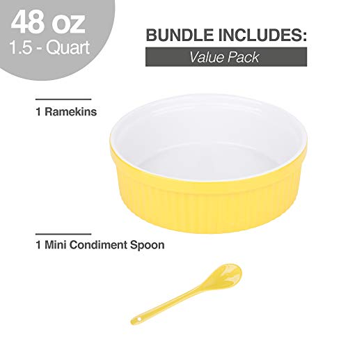 Souffle Dish Ramekins for Baking – 48 Oz, 1.5 Quart Large Ceramic Oven Safe Round Fluted Bowl with Mini Condiment Spoon for Soufflé Pot Pie Casserole Pasta Roasted Vegetables Baked Desserts (Yellow) - Thumbnail 2