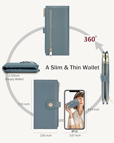 Image of Blue Women's Slim Wallet,Thin RFID Card Holder with Zipper Pocket | 12 Slot Wallet Organizer, Large Capacity, Vegan Leather, Coin Purse, Cash Compartment, Travel Wallet, Women Gift