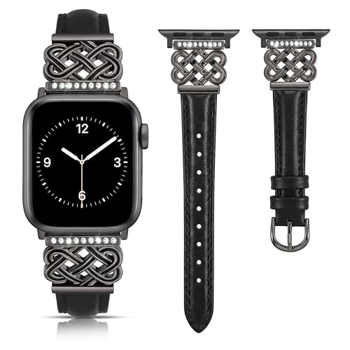 Image of Compatible with Apple Watch Bands Women 38 /40 /41 /42mm Dressy Slim Leather Strap with Designer Celtic Knot Interlock Buckle Bracelet for iWatch Series 11 10 9 8 7 6 5 4 SE 3 2 1