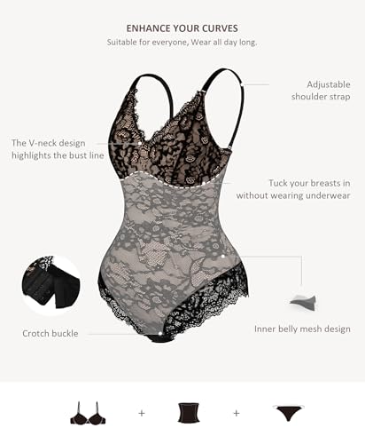 FeelinGirl Shapewear Bodysuits for Women Lace Shapewear Tummy Control V-Neck Sleeveless Bodysuit Tops Jumpsuit3