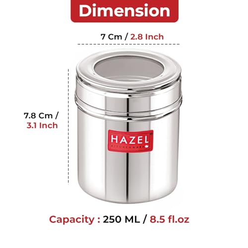 Image of HAZEL Stainless Steel See Through Container 250 ml | Steel Storage Jar with Transparent Lid | Small Kitchen Container for Spices, Dry Fruits & Snacks