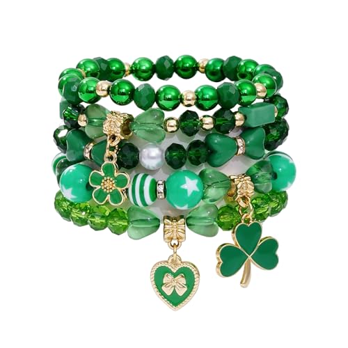 Aigrnc St. Patrick Day Lucky Green Beaded Stretch Bracelets For Women Stackable Crystal Gold plated Beaded Bracelets Set Trendy Handmade Braeclet Jewelry Gifts