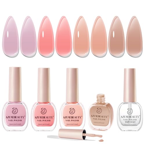 Image of AZUREBEAUTY Jelly Nail Polish Set Quick Dry Transparent Nude Pink Purple Brown 4 Colors Sheer Natural Nail Lacquer Fingernail Kit with Top Coat Nail Polish DIY Salon Home
