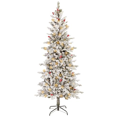 Árvore de Natal artificial pré-iluminada de 185 cm, lápis fino com 200 luzes LED branco quente, ramos completos, decoração natalícia para interior exterior casa escritório festa