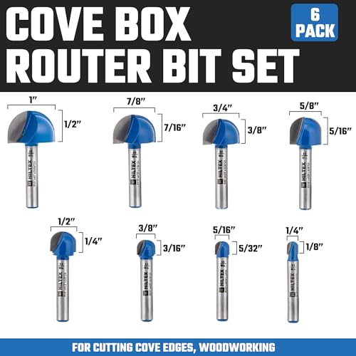 HILTEX 10107H Cove Box Router Bit Set, 8 Pieces, 1/4 Inch Shank, Double Flute Radius Cove Router Bit, Round Nose, Woodworking Tool, 1/4" 5/16" 3/8" 1/2" 5/8" 3/4" 7/8" 1" Diameter by Hiltex - Image 2