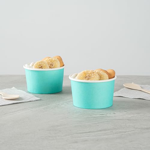 Image of Restaurantware Coppetta 3 Ounce Dessert Cups, 50 Disposable Ice Cream Cups - Lids Sold Separately, Sturdy, Turquoise Paper FroYo Bowls, Striped, For Hot And Cold Foods, Perfect For Gelato (Pack of 2)
