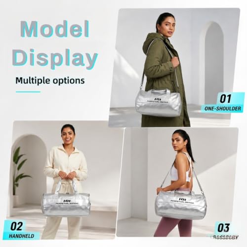 Image of PALAY Gym Bag for Women Silver PU Leather Travel Bags with Shoe Compartment and Wet Pocket Waterproof Large Capacity Duffel Bag for Sports, Swimming, Weekend and Overnight Use