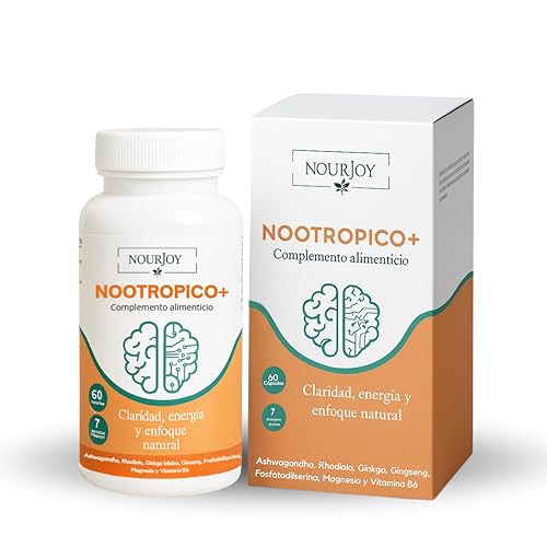 Nourjoy Nootrópico Natural con Ashwagandha Ginkgo Biloba Rhodiola Rosea Antiestrés Memoria Energía Mental y Rendimiento Cognitivo | 60 Cápsulas